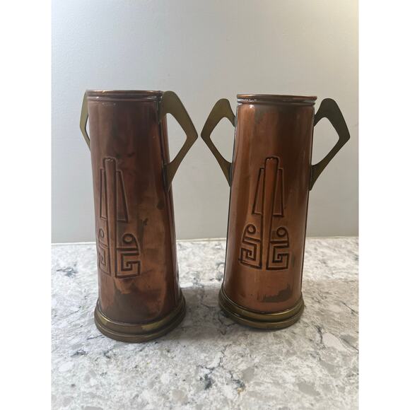 Gebrüder Bing Other - 2 Gebrüder Bing Nuremberg Vases Circa 1900-10 Brass Copper Geometric JL